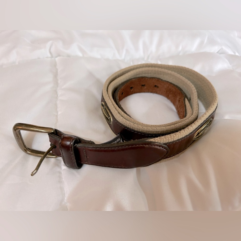 Men’s Brighten Brass Sailfish & Buckle Belt, Brown Leather & Tan Canvas. Size 38